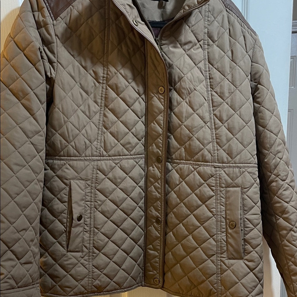 Lauren Ralph Lauren Faux-Leather-Trim Quilted Brown/Tan Jacket - Picture 10 of 15